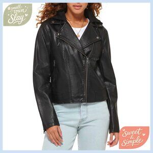 Faux Leather Motorcycle Jacket with Fleece Hood, Regular & Plus Sizes